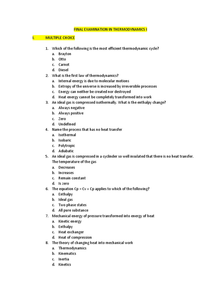 Final Examination in Thermodynamics I | PDF | Heat | Thermodynamics