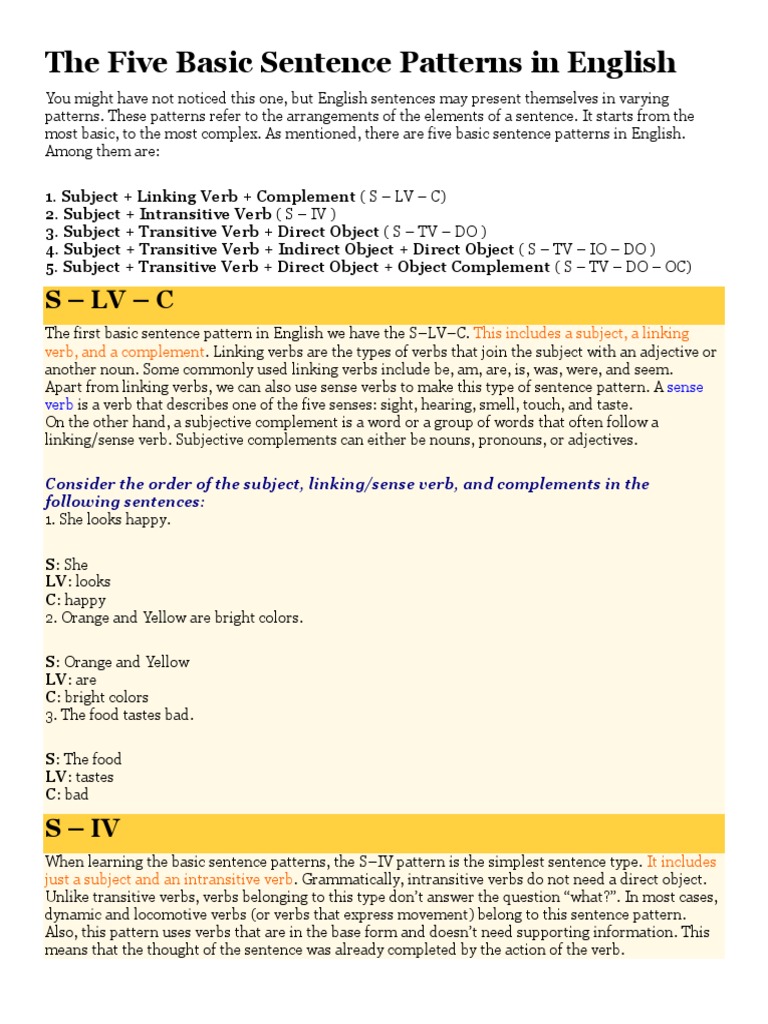 The Five Basic Sentence Patterns in English | Download Free PDF | Verb ...