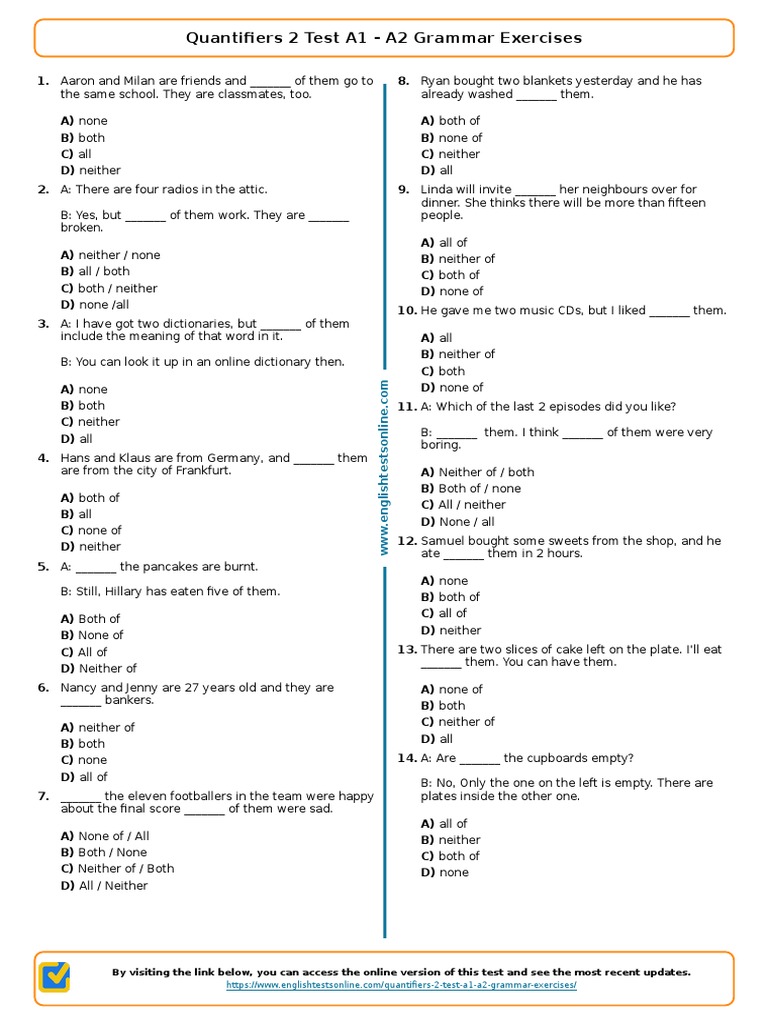 A2 Quantifiers Exercises and Test | PDF