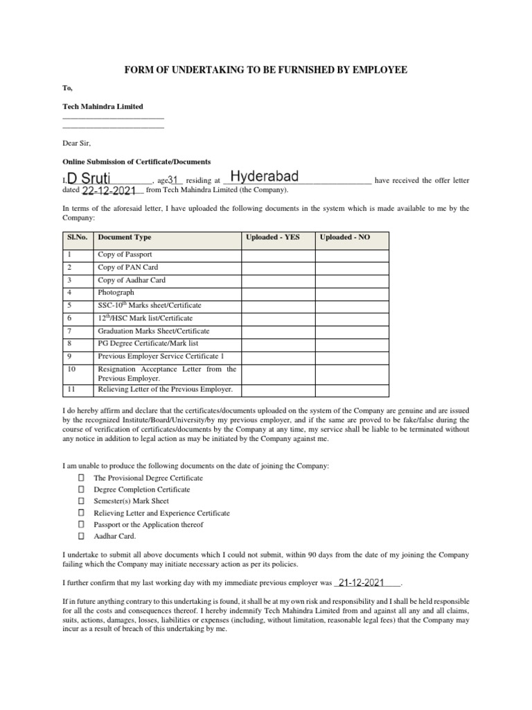 Undertaking From Employee For Documents - HR | PDF | Employment ...