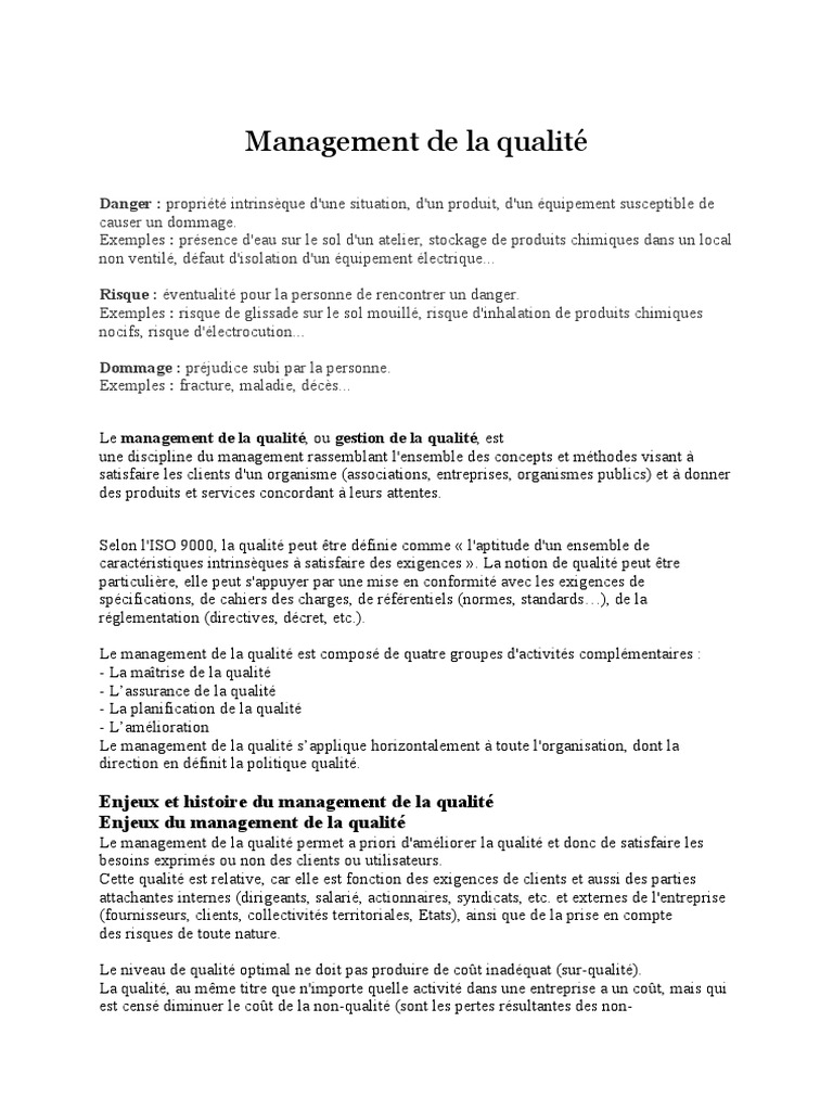Management de la qualité et risques associés | PDF | Management de la ...
