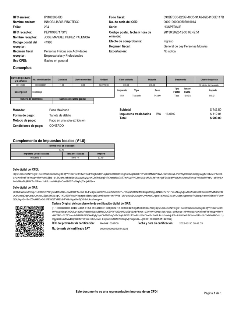 Conceptos Hospedaje IVA Traslado 743.80 Tasa 16.00 119.01 PDF