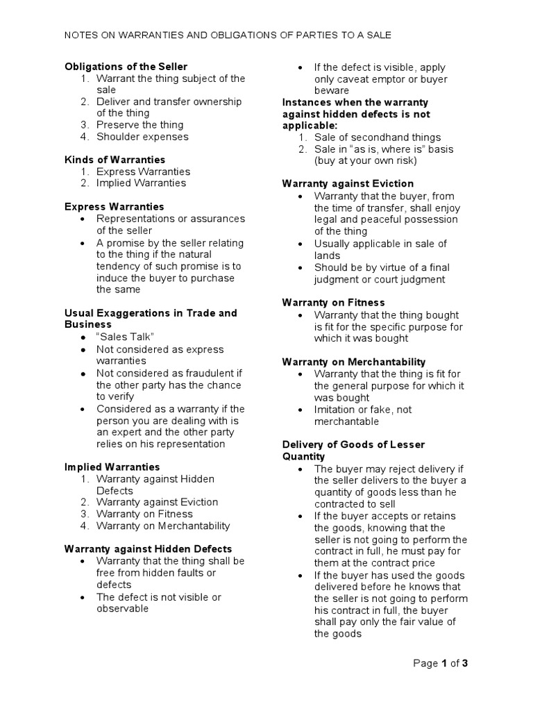 Notes On Warranties and Obligations of Parties To A Sale PDF Sales