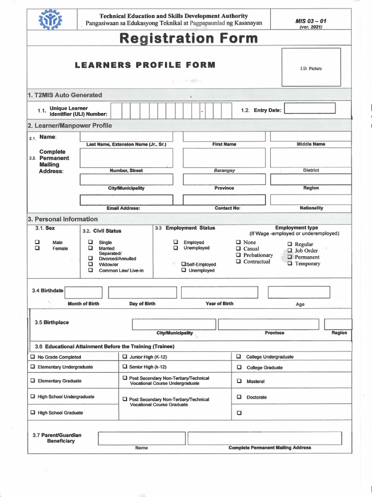 Registration Form MIS 03 01 | PDF