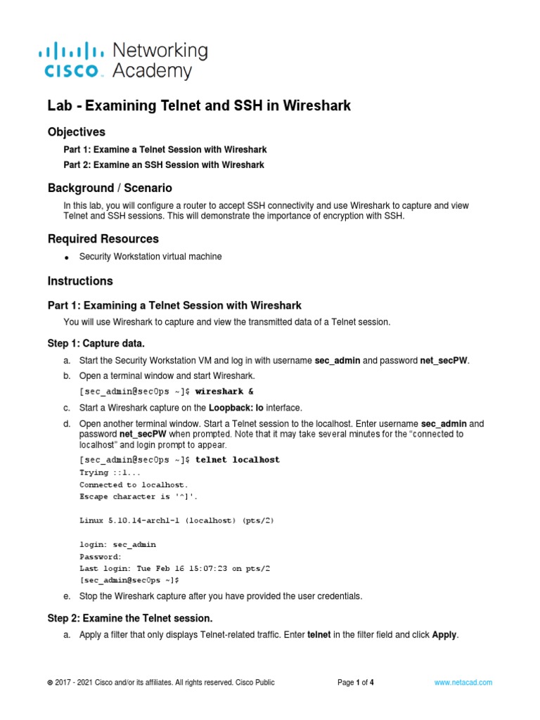 16.3.12 Lab - Examining Telnet and SSH in Wireshark | PDF | Secure ...
