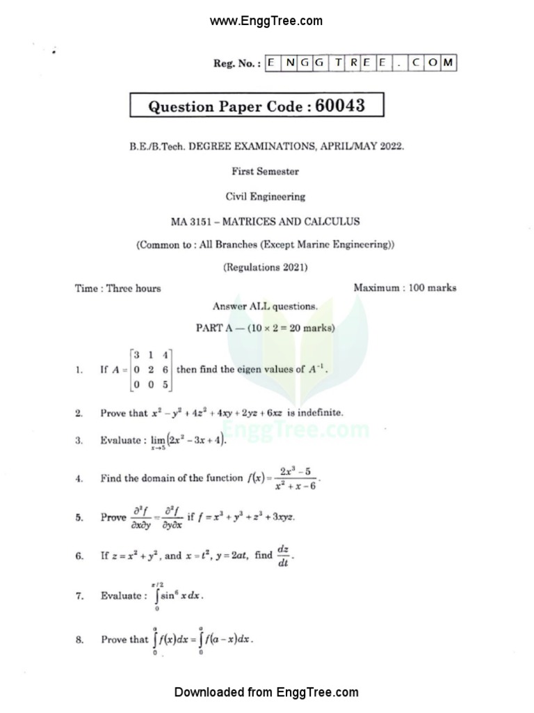 MA3151 Martics and Calculus Apr May 2022 Question Paper Download | PDF ...