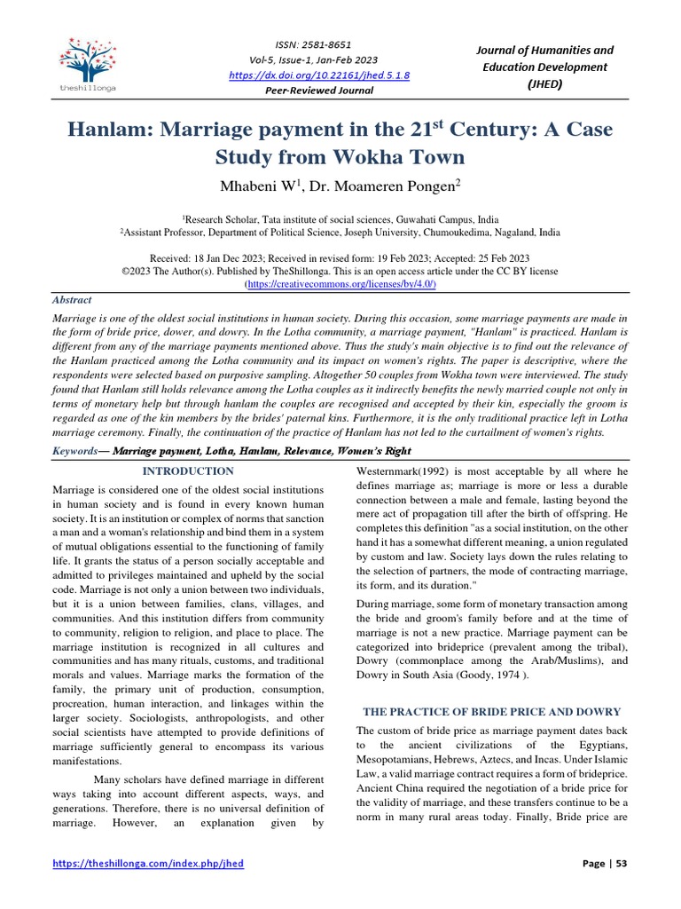 Hanlam Marriage Payment in The 21st Century A Case Study From Wokha