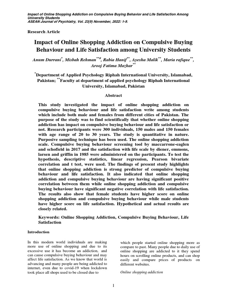 Online Shopping Addiction in Students | PDF | P Value | Psychological ...