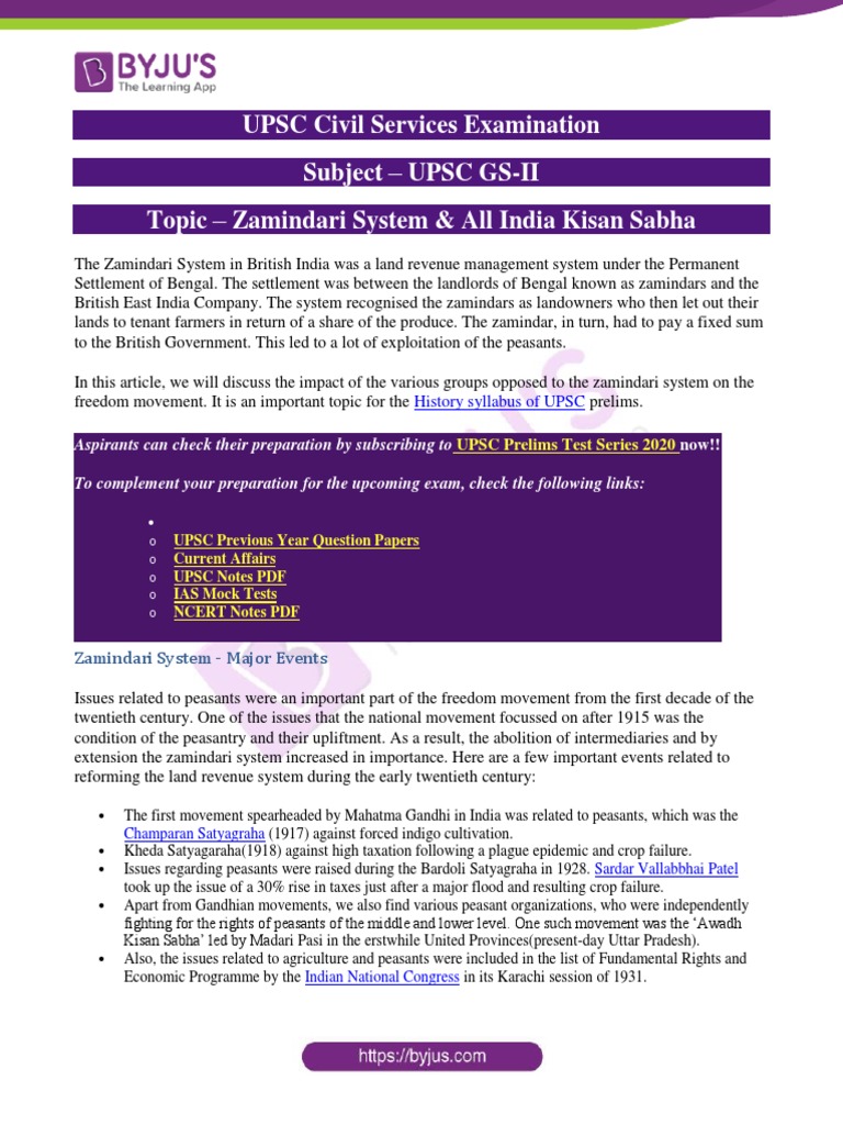 Zamindari System All India Kisan Sabha UPSC Notes PDF Indian