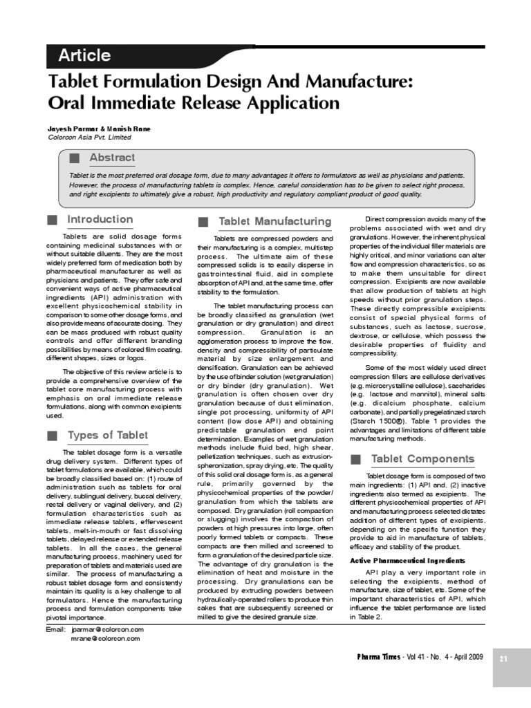Tablet Formulation Tablet (Pharmacy) Pharmaceutical Formulation