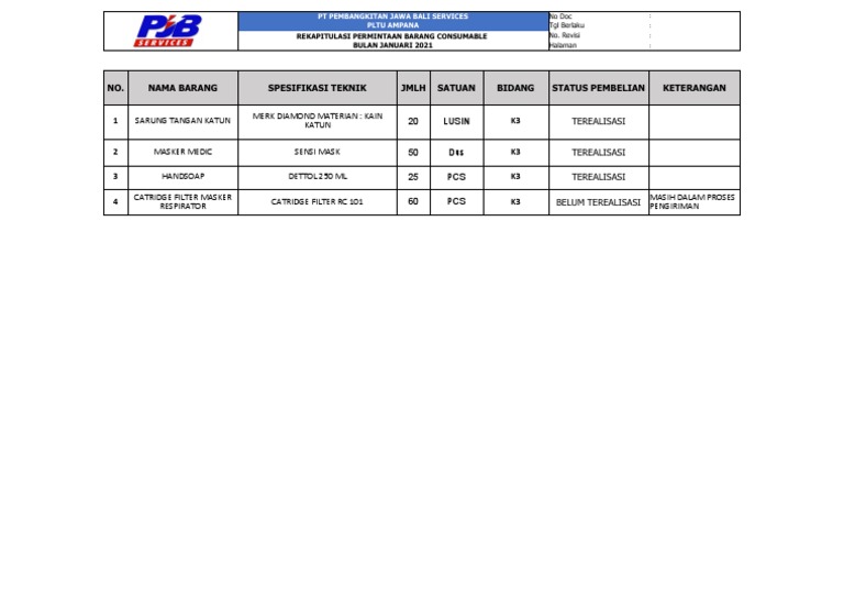 Rekap Permintaan Barang K3 Januari 2021 | PDF