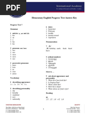 Elementary English Progress Test 7 - Answer Key | PDF