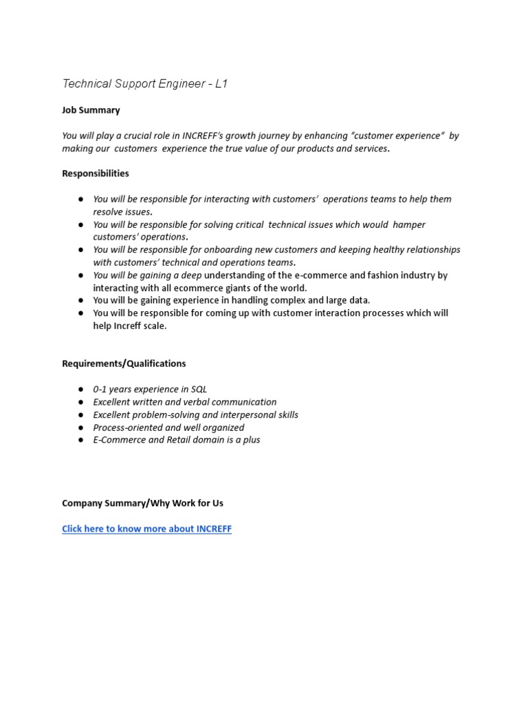 JD Technical Support Engineer L1 PDF