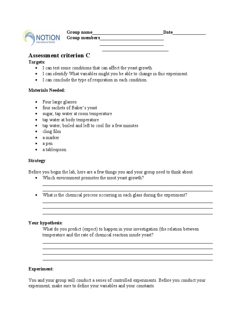 Yeast Experiment Sheet Pdf Experiment Water