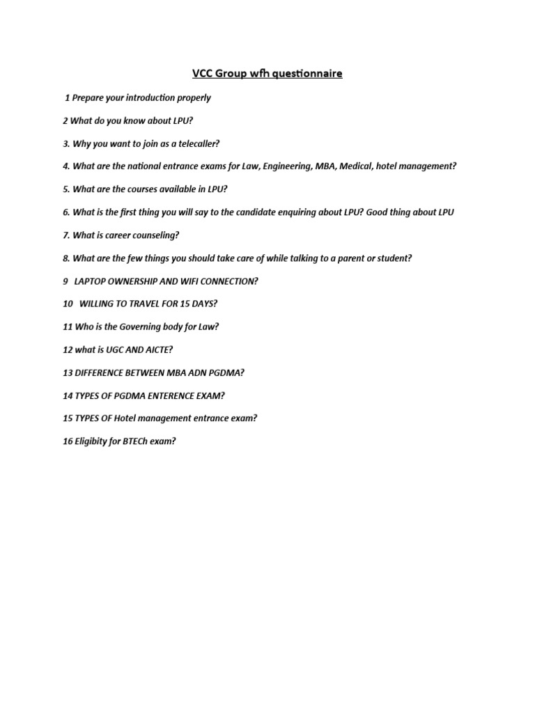 VCC Group WFH Questionnaire PDF