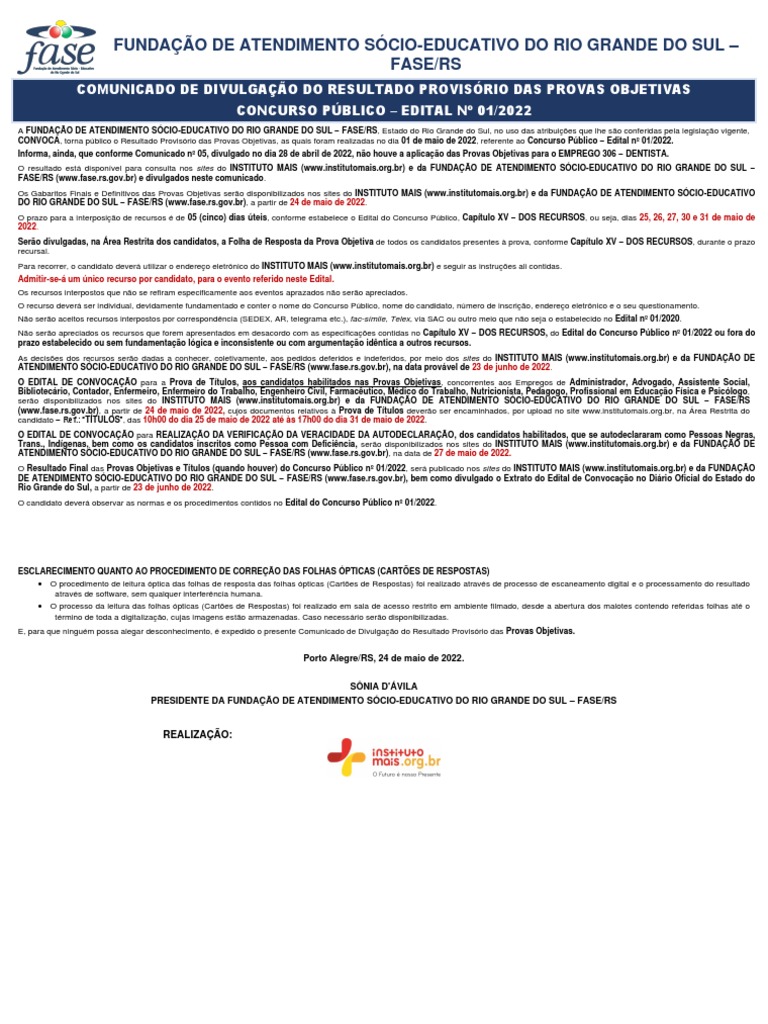 Comunicado de Divulgação Do Resultado Provisório Das Provas Objetivas | PDF