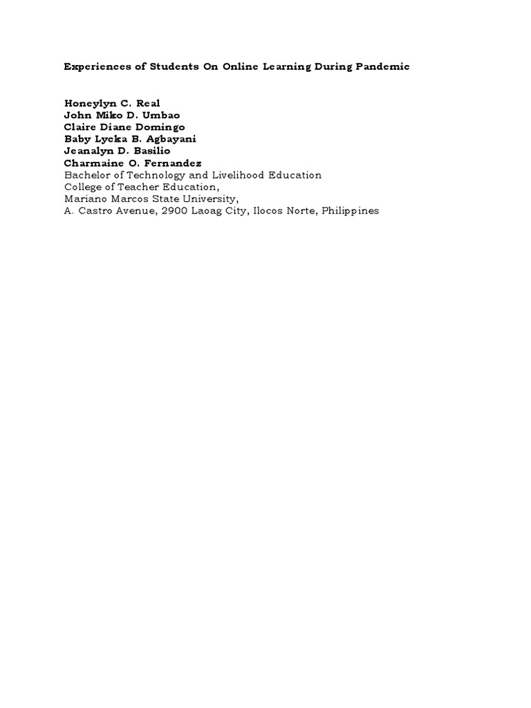 Experiences Of Students On Online Learning Pdf Educational
