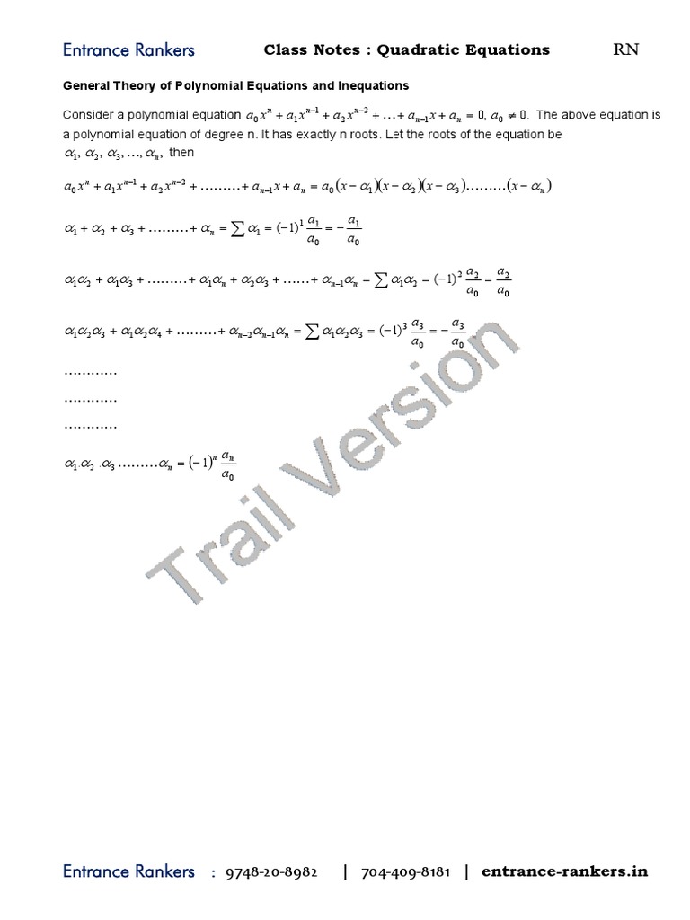 Quadratic Equations Class Notes | PDF | Algebra | Applied Mathematics