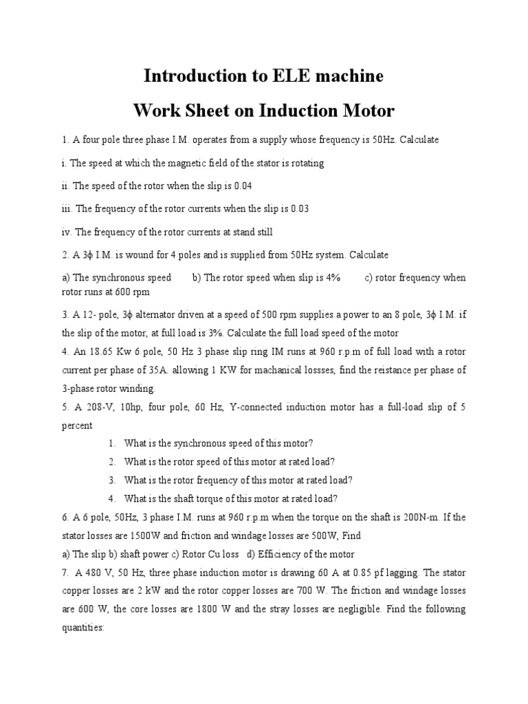 Introduction To ELE Machine Work Sheet On Induction Motor PDF