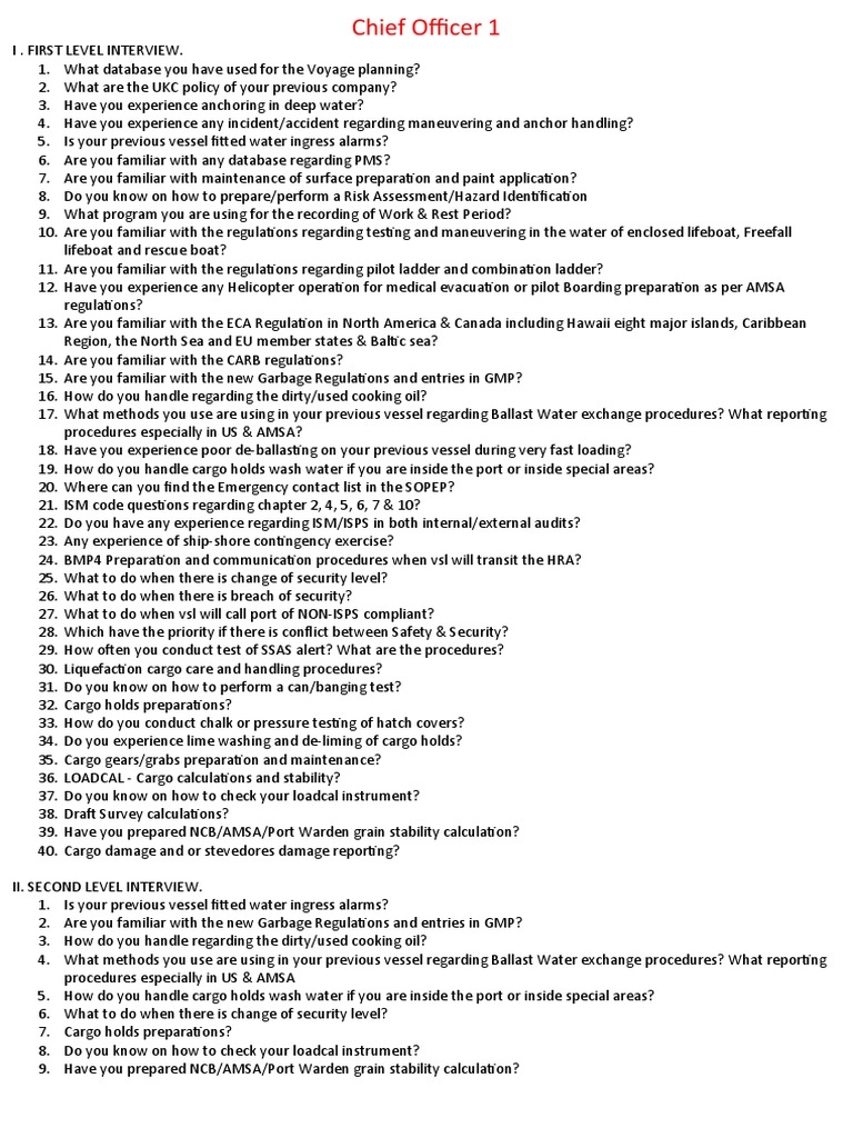 Chief Officer Interview Questions Guide | PDF | Cargo | Shipping