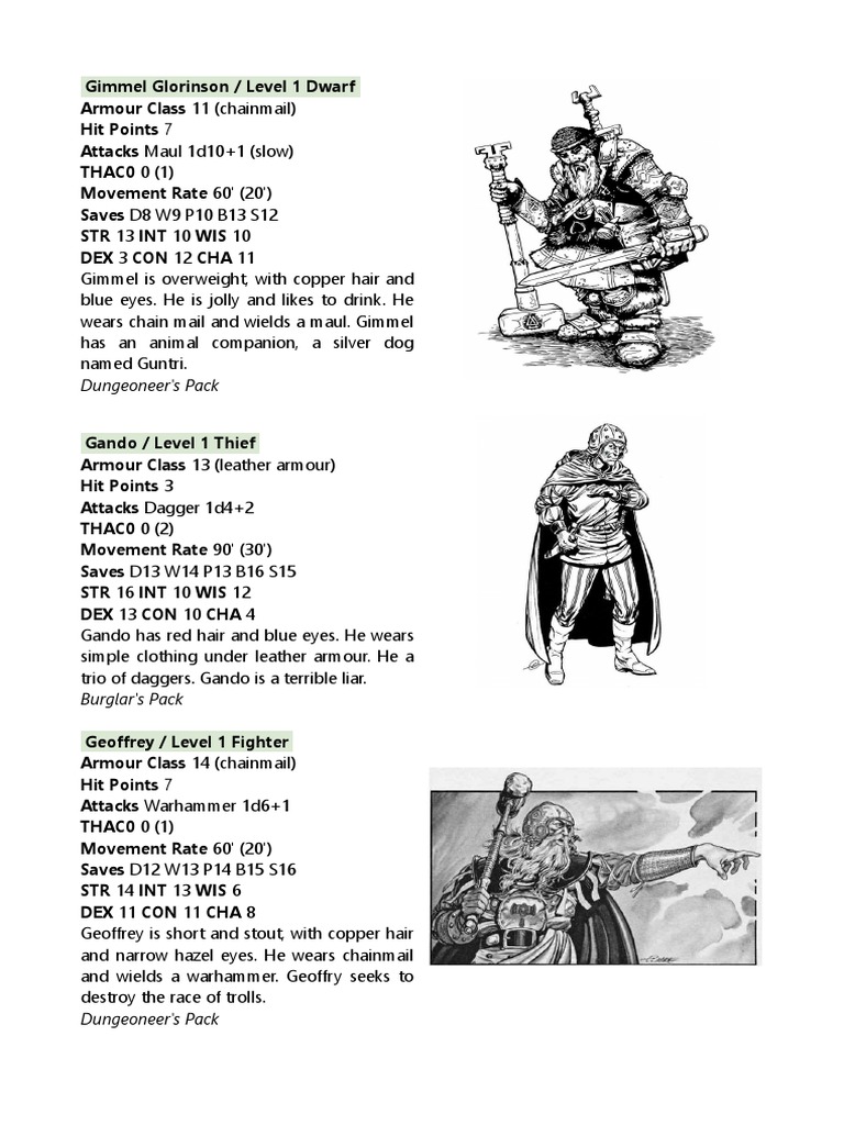 D&D Level 1 Character Profiles | PDF | Manufactured Goods | Equipment
