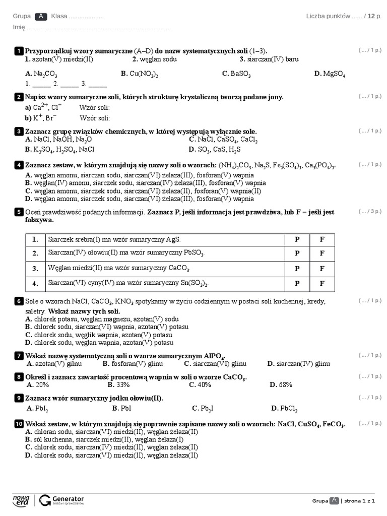 Sprawdzian Z Chemii Klasa 8 Sole Nowa Era Wzory I Nazwy Soli Test Z Widoczna Punktacja | PDF