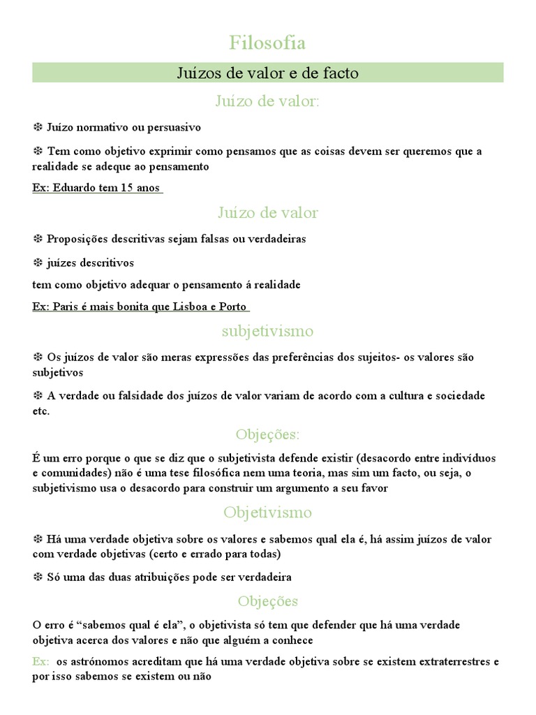 Juizos de Valor e de Facto - Filosofia Exames | PDF | Verdade | Argumento