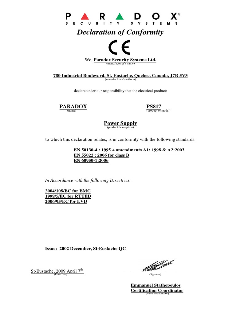 185 8001004 PS817 CE DoC | PDF
