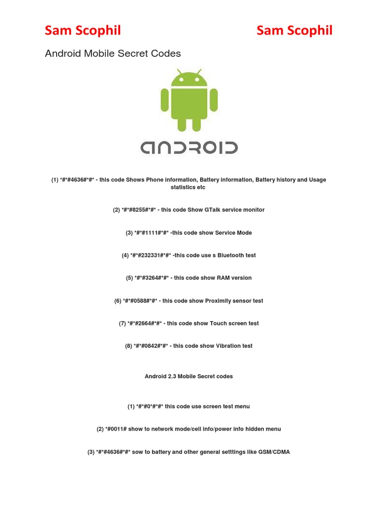 Android Mobile Secret Codes | PDF | Android (Operating System) | Mobile ...