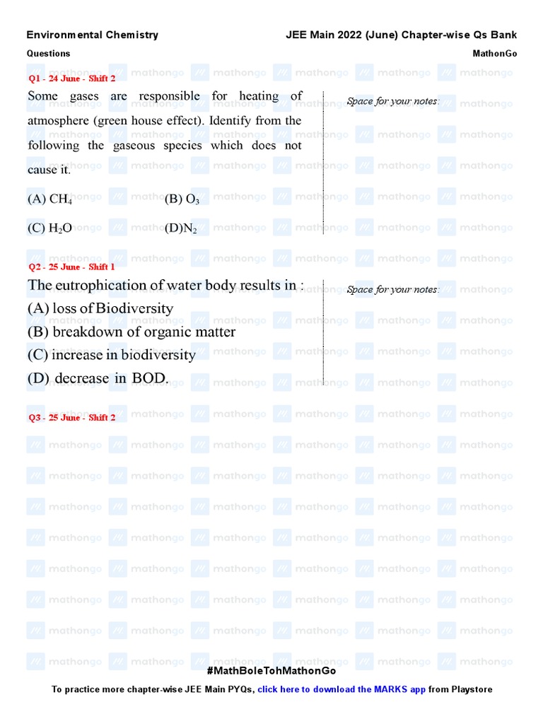 JEE Main 2022 Environmental Chemistry Qs | PDF | Business | Teaching ...