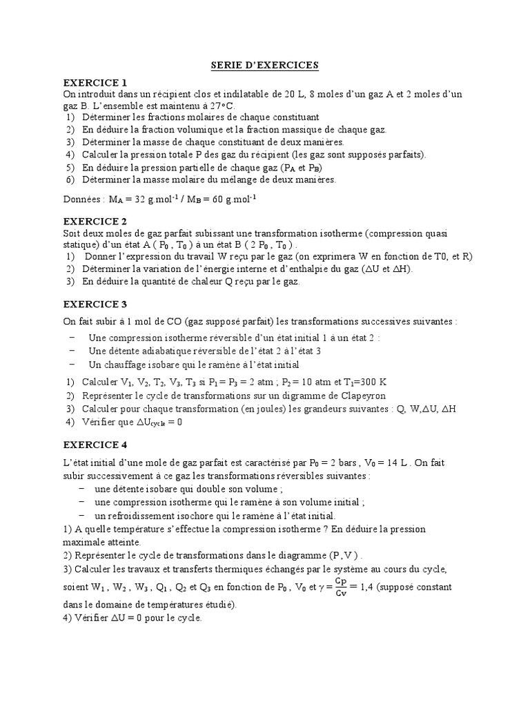 Exercices de thermodynamique et gaz parfaits | PDF | Thermodynamique ...