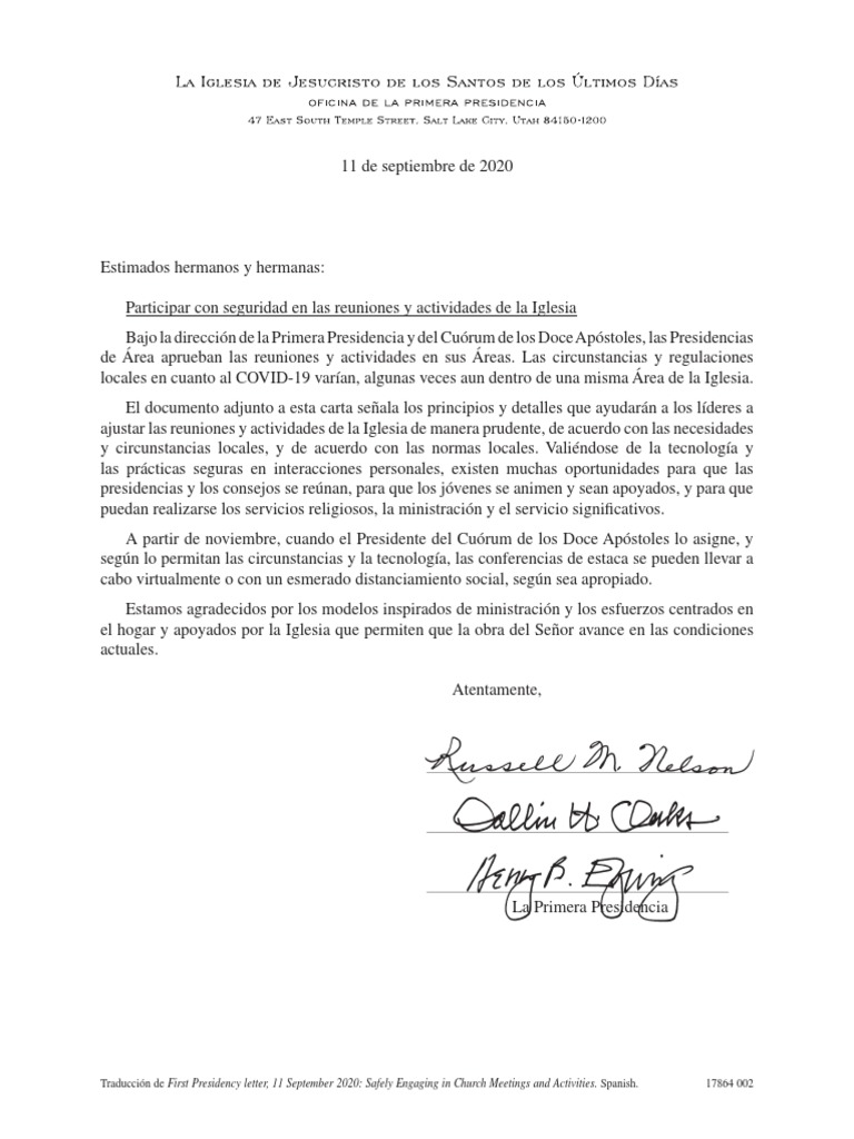 Traducción de First Presidency Letter, 11 September 2020 Safely