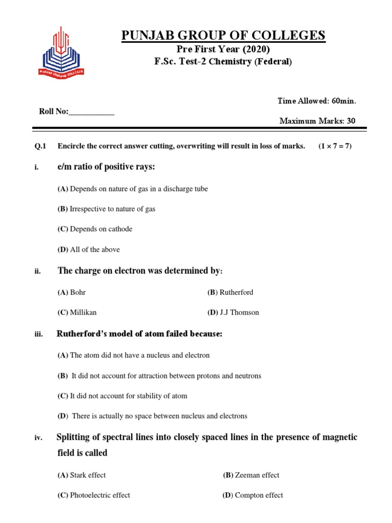 Chemistry Test PDF Electron Atoms
