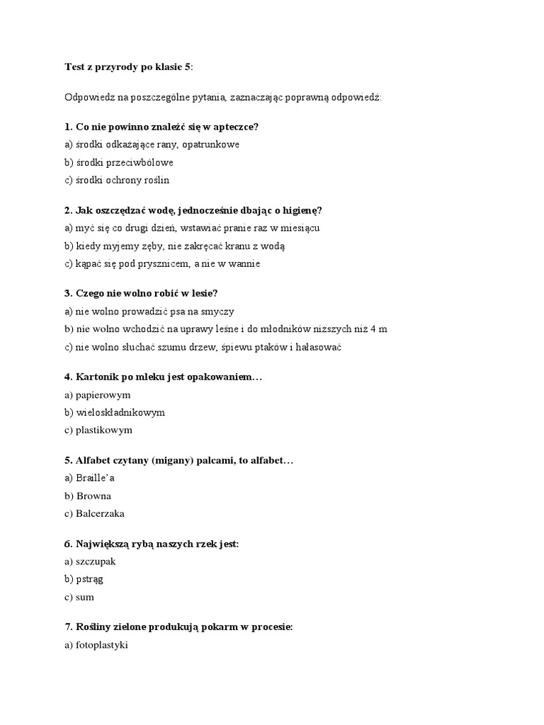 Test Z Przyrody Dzial 7 Klasa 4 Test Z Przyrody Po Klasie 5 PDF | PDF