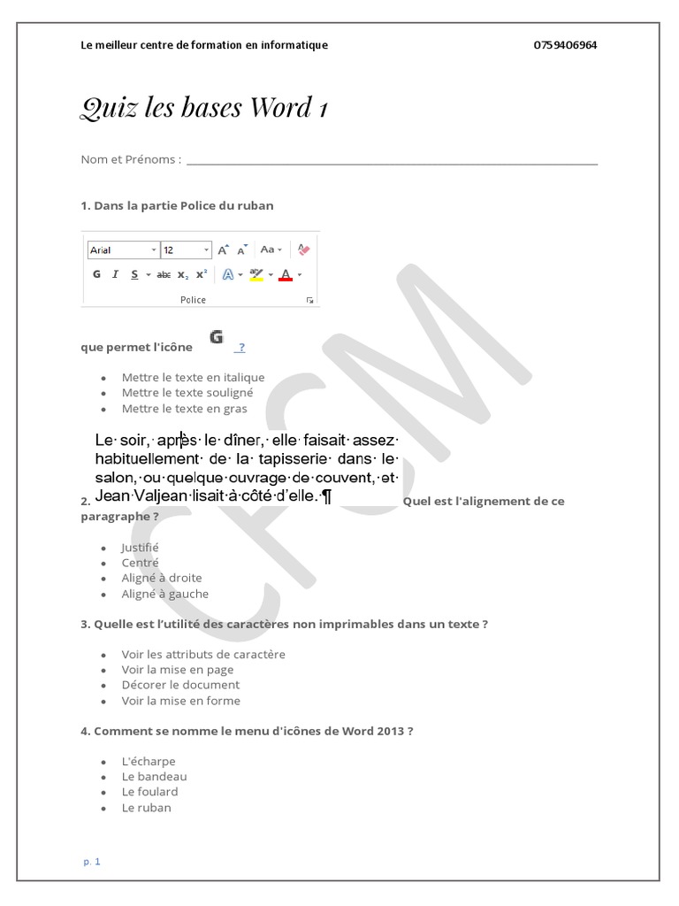 Comment Se Nomme Le Menu D Icônes De Word 2013 Quiz les bases Word 1 | PDF