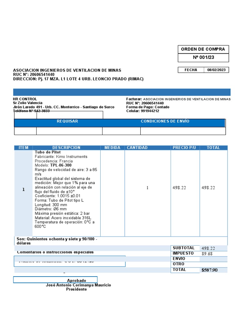 Formato de Orden de Compra 001/23 | PDF