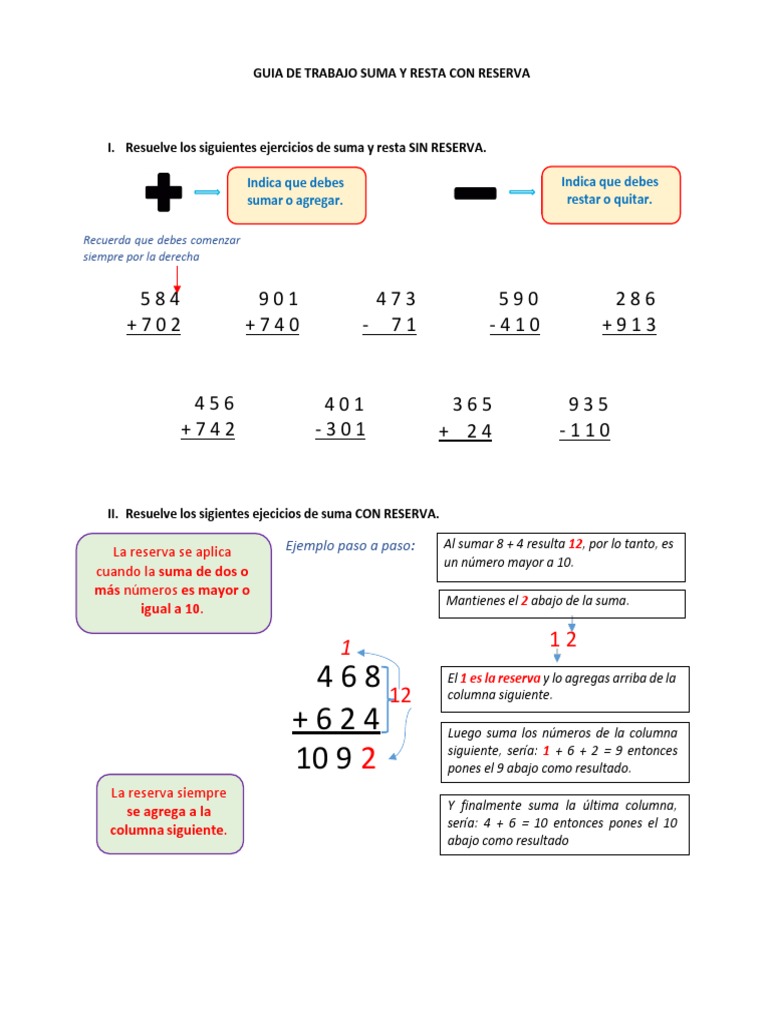 Ejercicios de Sumas y Restas con Reserva | PDF