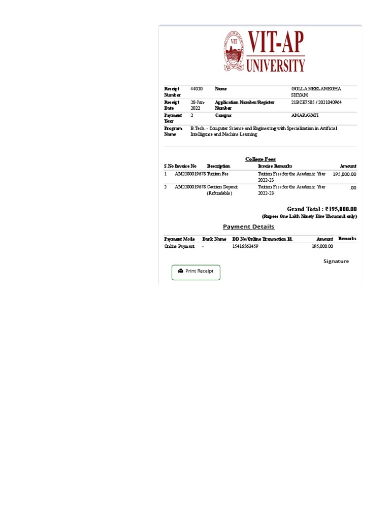 VITAP B.Tech Fee Receipt 2022-23 | PDF