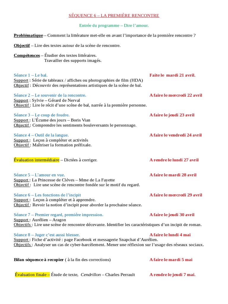 4e2 - Francais - Preparation Sequence 6 - La Premiere Rencontre | PDF