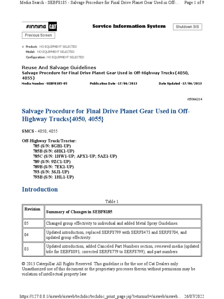 Planetary 789 Salvage Procedure | PDF | Gear | Bearing (Mechanical)