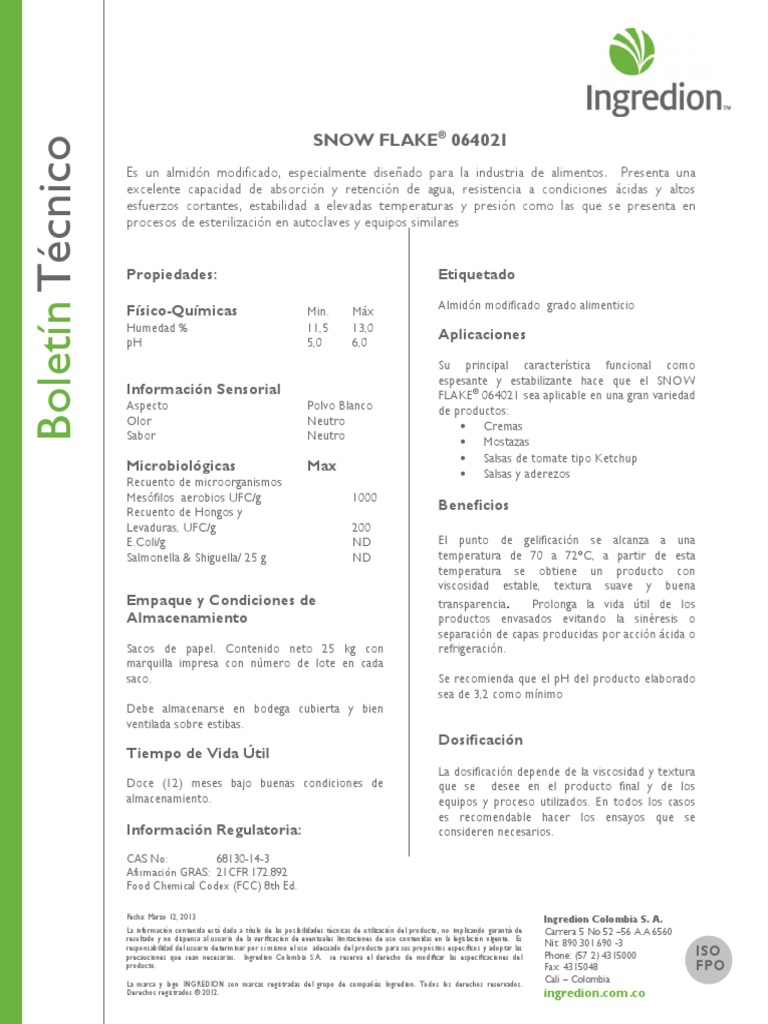 Snow Flake 064021 Ingredion | PDF | Comida y bebida