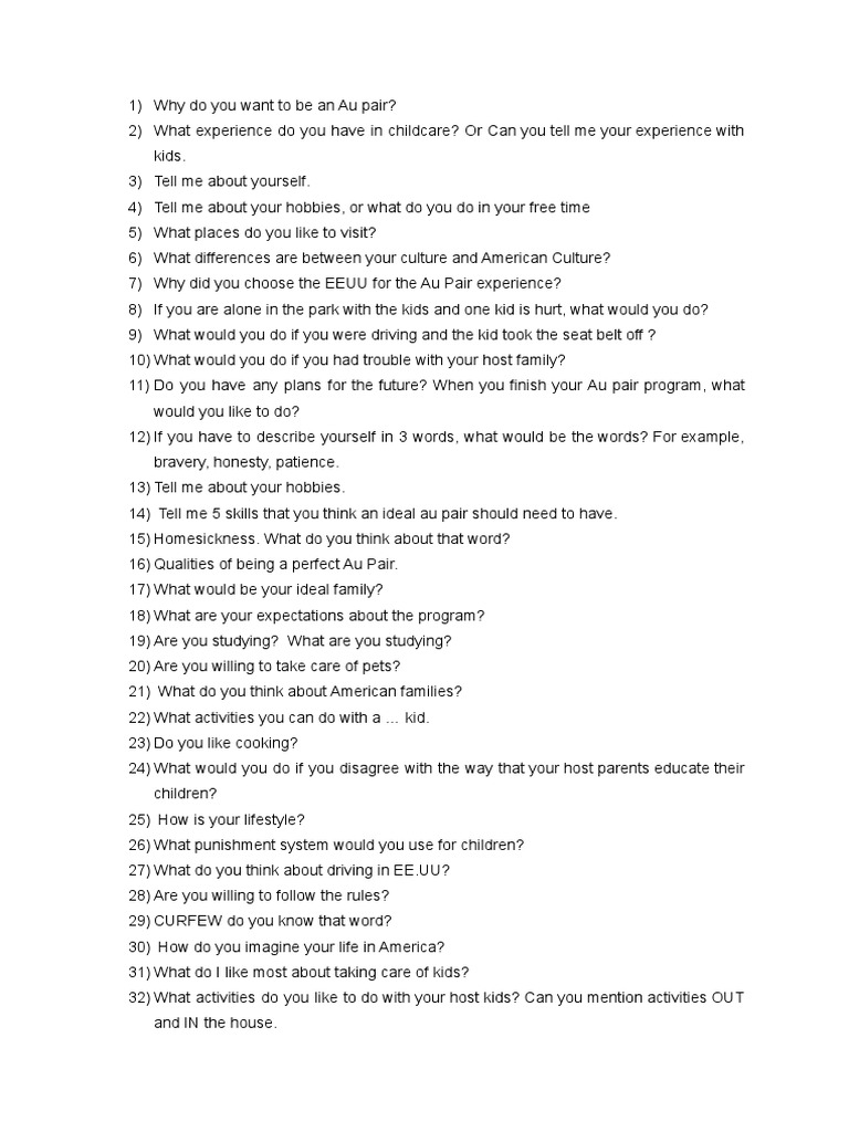 Au Pair Interview. QUESTIONS 2022 PDF