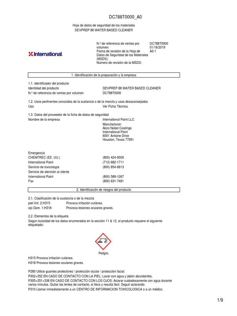 Hoja de Seguridad DevPrep 88 Cleaner | PDF | Agua | Química