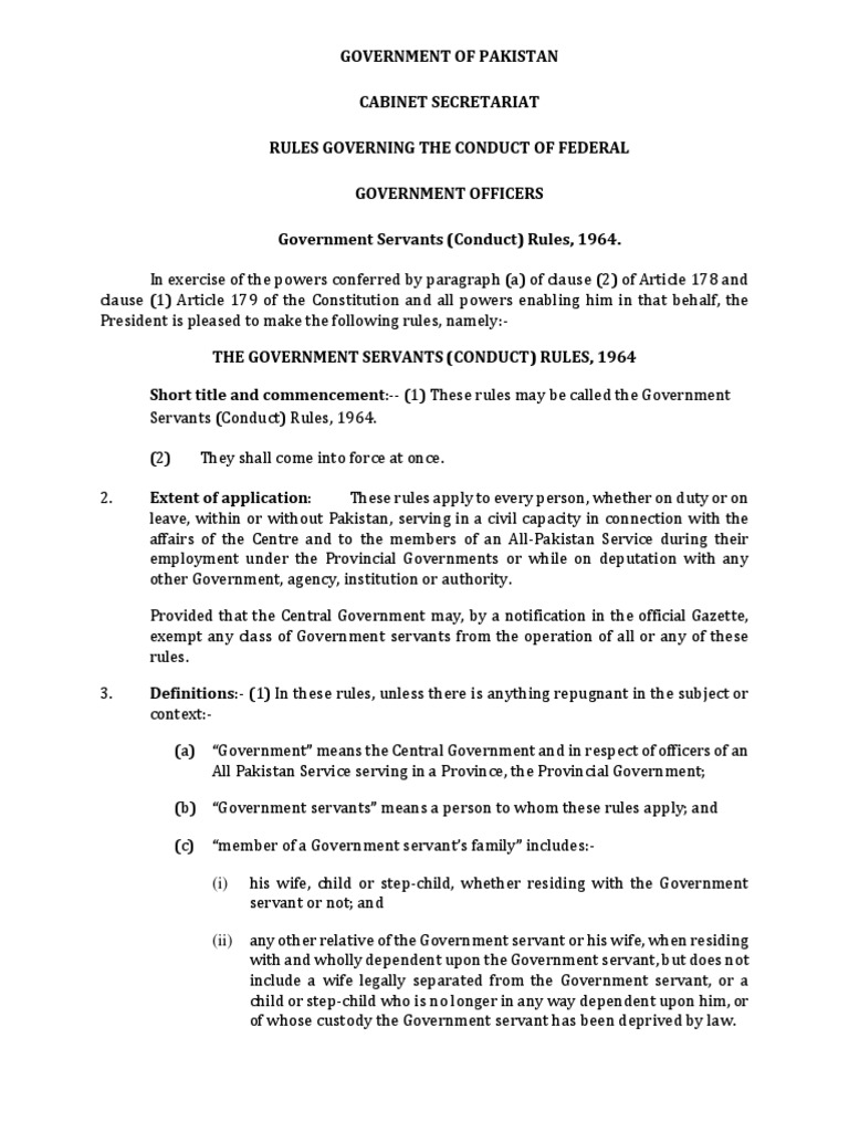 Government Servants Conduct Rules 1964. PDF Government Of Pakistan