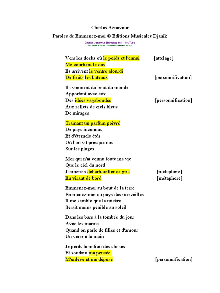 Emmenez Moi Au Pays Des Merveilles Paroles de Emmenez-Moi de Charles Aznavour | PDF