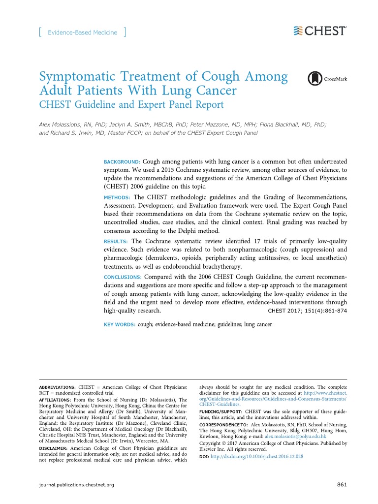Symptomatic Treatment of Cough Among Adult Patients With Lung Cancer CHEST Guideline and Expert