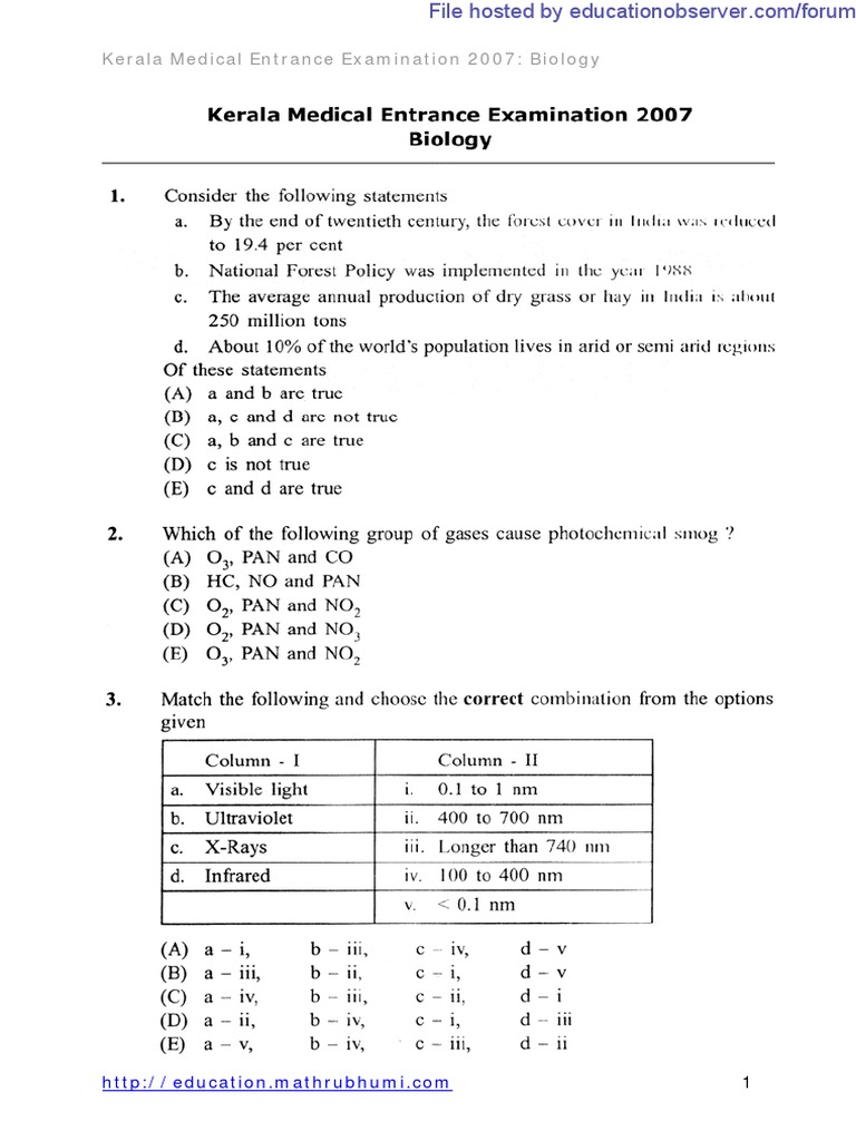 KEAM Medical Entrance Paper II Biology Question 2007 PDF Schools