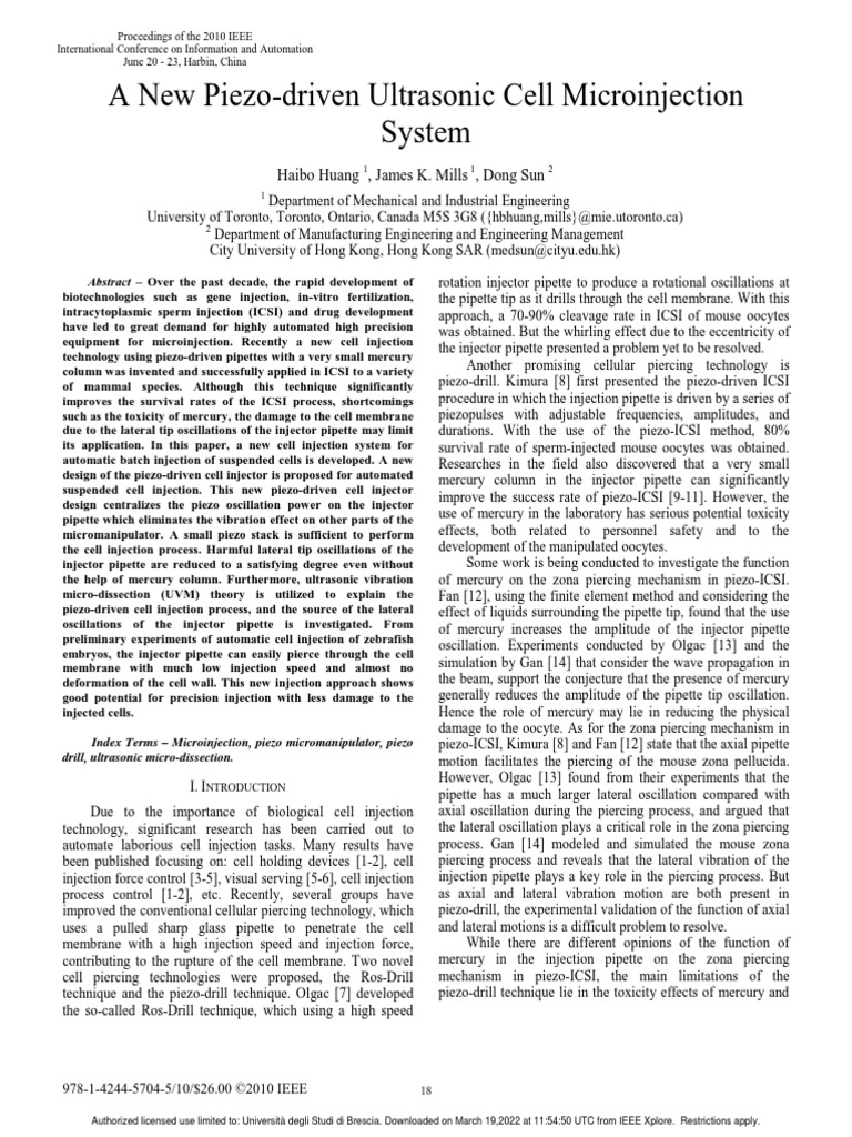 A New Piezo-Driven Ultrasonic Cell Microinjection System | PDF ...