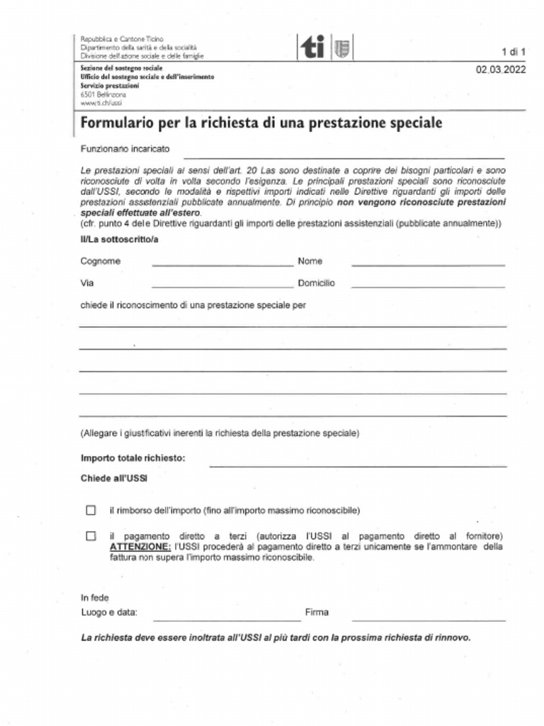Formulario Per Prestazioni Speciali | PDF