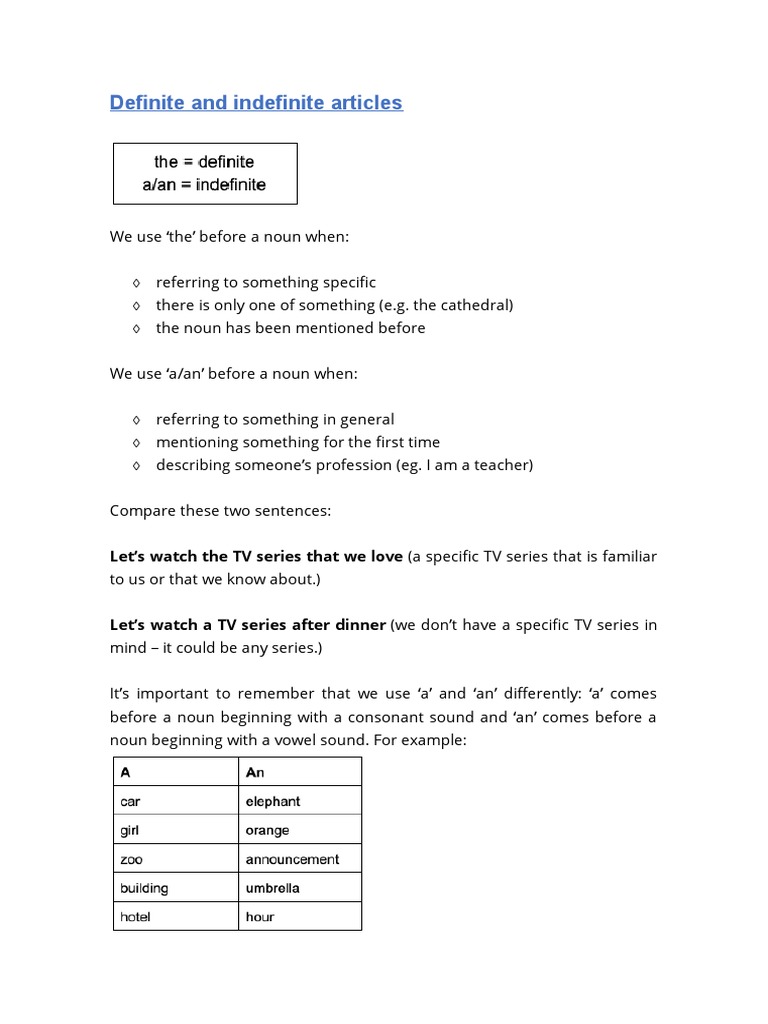 Definite and Indefinite Articles | PDF | Noun | Syntax